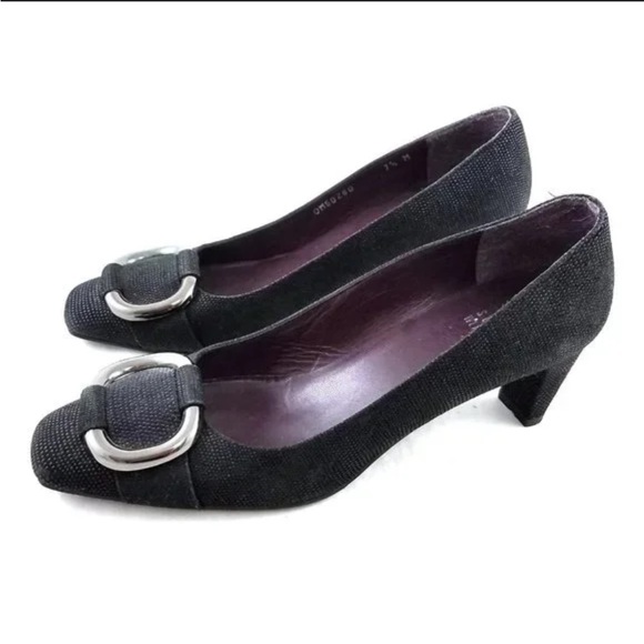 Stuart Weitzman Shoes - Stuart Weitzman Black Textured Heels with Buckle Design Size 8.5